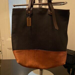 Coach, Bleecker Two-Tone (Black & Camel) Polished, Saddle Leather Tote Bag